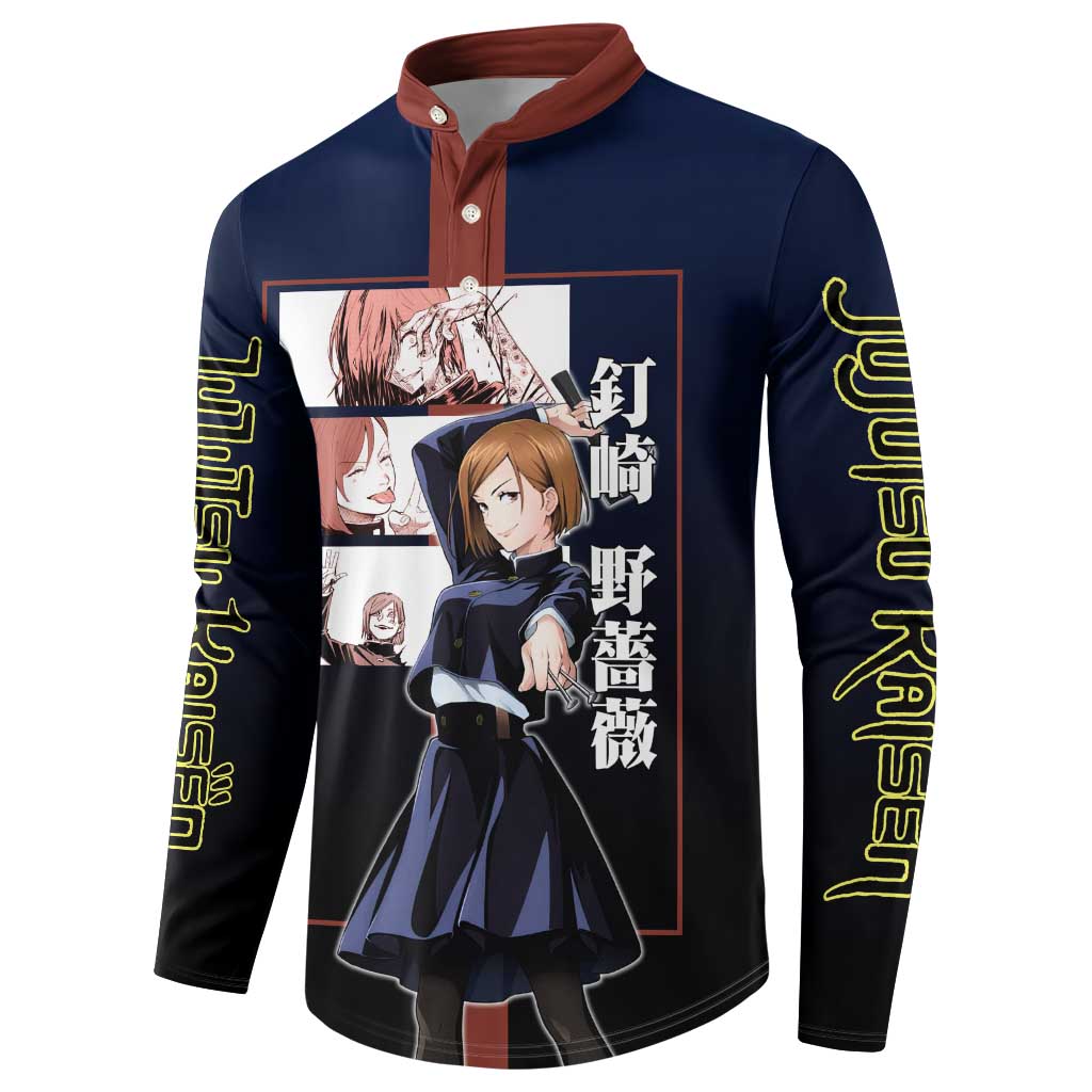 Nobara Kugisaki from Jujutsu Kaisen Button Sweatshirt with Dark Blue and Red Background and Multiple Poses Design - The Mazicc