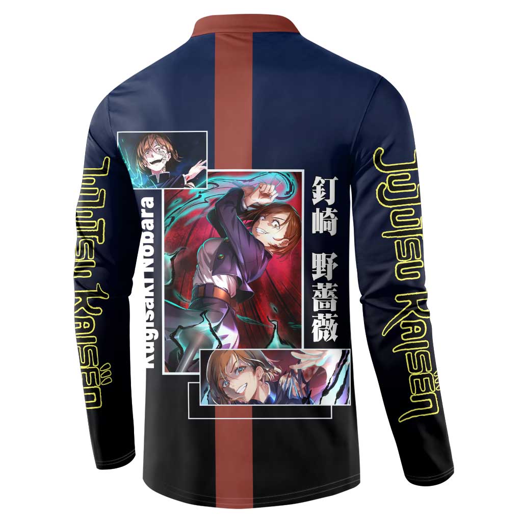 Nobara Kugisaki from Jujutsu Kaisen Button Sweatshirt with Dark Blue and Red Background and Multiple Poses Design - The Mazicc