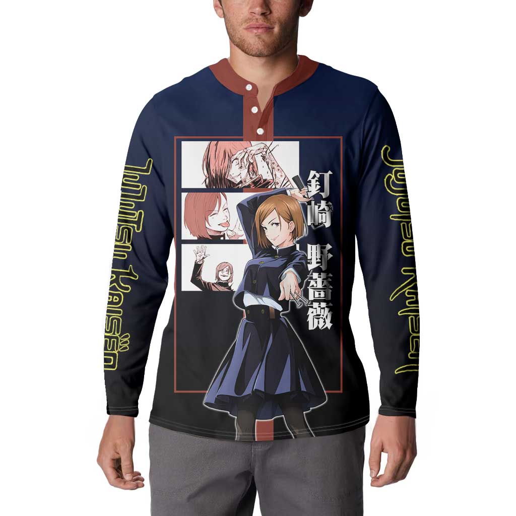 Nobara Kugisaki from Jujutsu Kaisen Button Sweatshirt with Dark Blue and Red Background and Multiple Poses Design - The Mazicc
