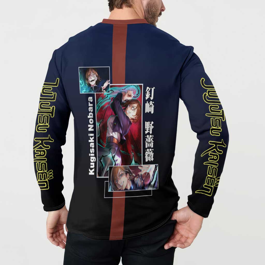 Nobara Kugisaki from Jujutsu Kaisen Button Sweatshirt with Dark Blue and Red Background and Multiple Poses Design - The Mazicc