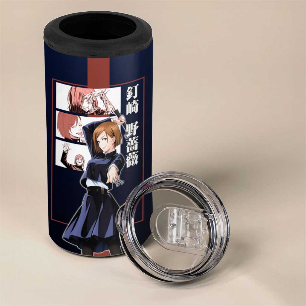 Nobara Kugisaki from Jujutsu Kaisen 4 in 1 Can Cooler Tumbler with Dark Blue and Red Background and Multiple Poses Design - The Mazicc