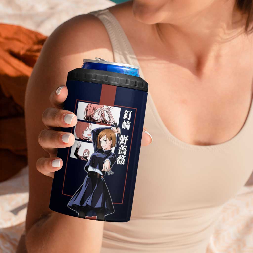 Nobara Kugisaki from Jujutsu Kaisen 4 in 1 Can Cooler Tumbler with Dark Blue and Red Background and Multiple Poses Design - The Mazicc