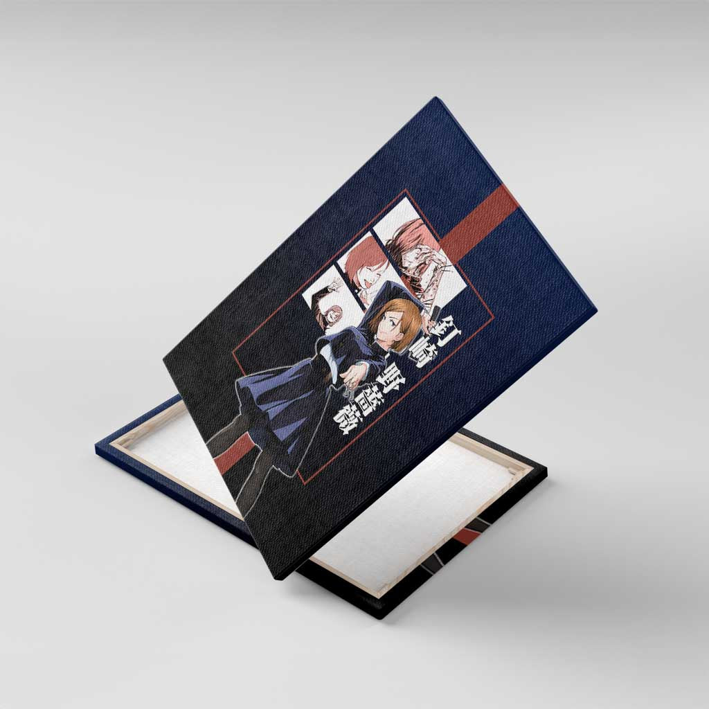 Nobara Kugisaki from Jujutsu Kaisen Canvas Wall Art with Dark Blue and Red Background and Multiple Poses Design - The Mazicc