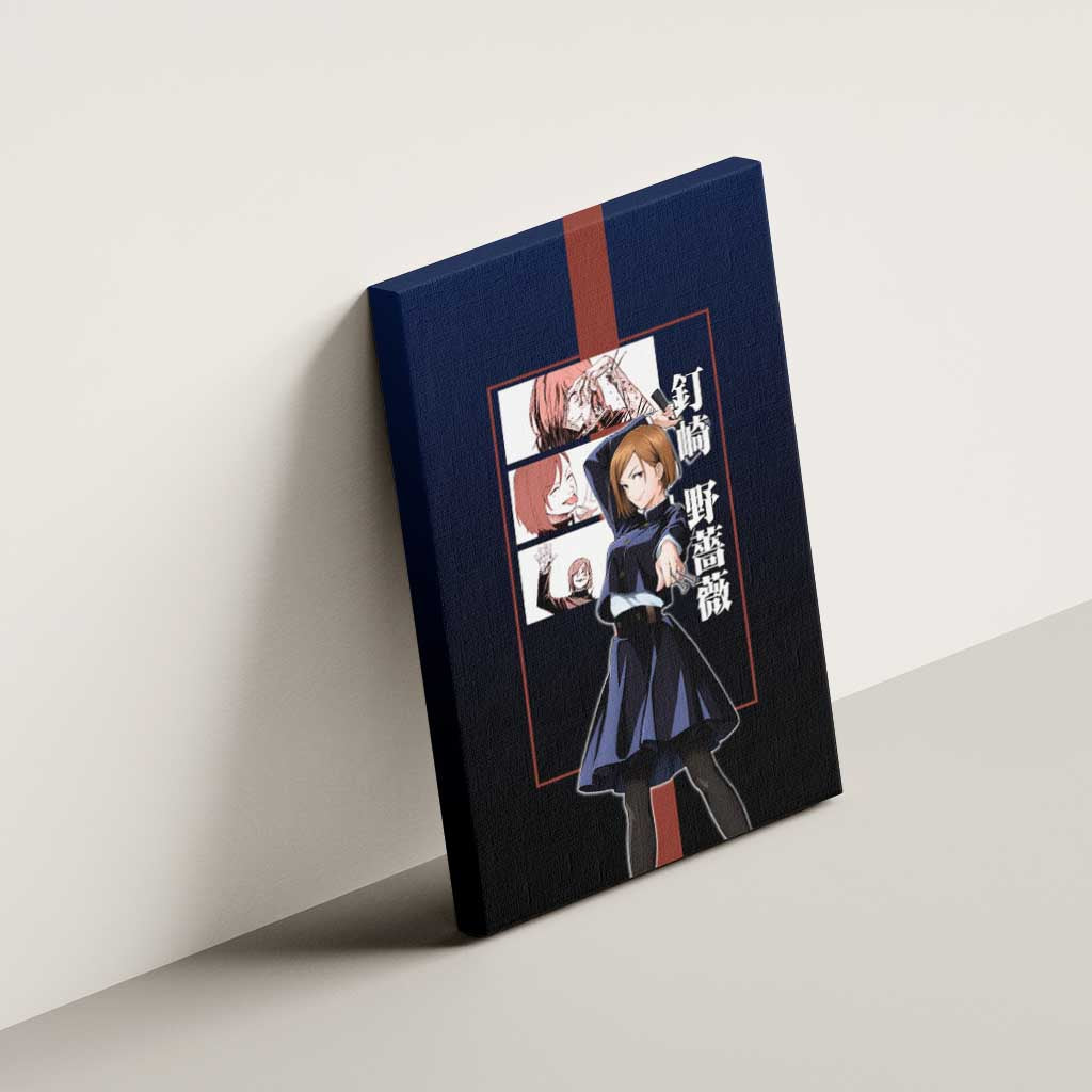 Nobara Kugisaki from Jujutsu Kaisen Canvas Wall Art with Dark Blue and Red Background and Multiple Poses Design - The Mazicc