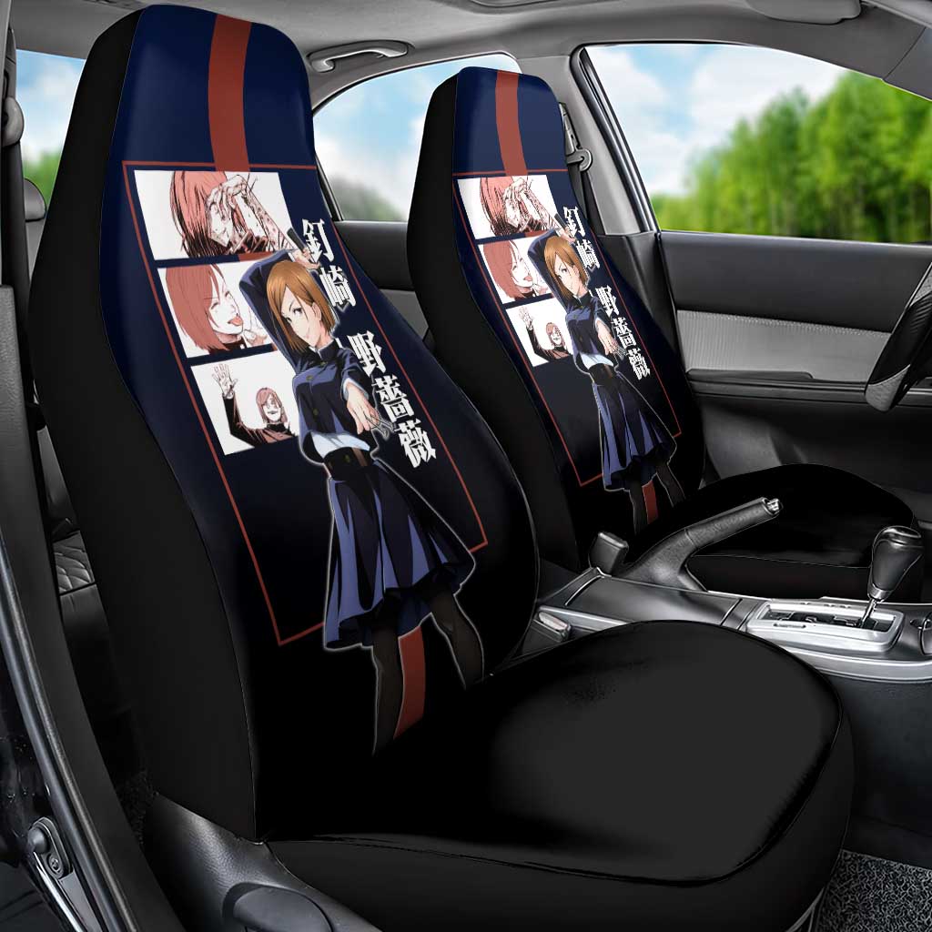 Nobara Kugisaki from Jujutsu Kaisen Car Seat Cover with Dark Blue and Red Background and Multiple Poses Design - The Mazicc