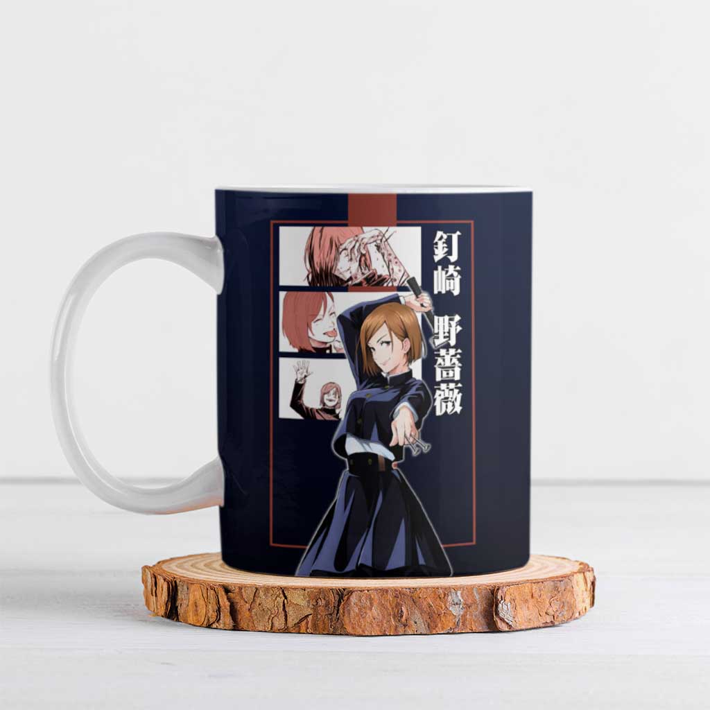 Nobara Kugisaki from Jujutsu Kaisen Ceramic Mug with Dark Blue and Red Background and Multiple Poses Design - The Mazicc