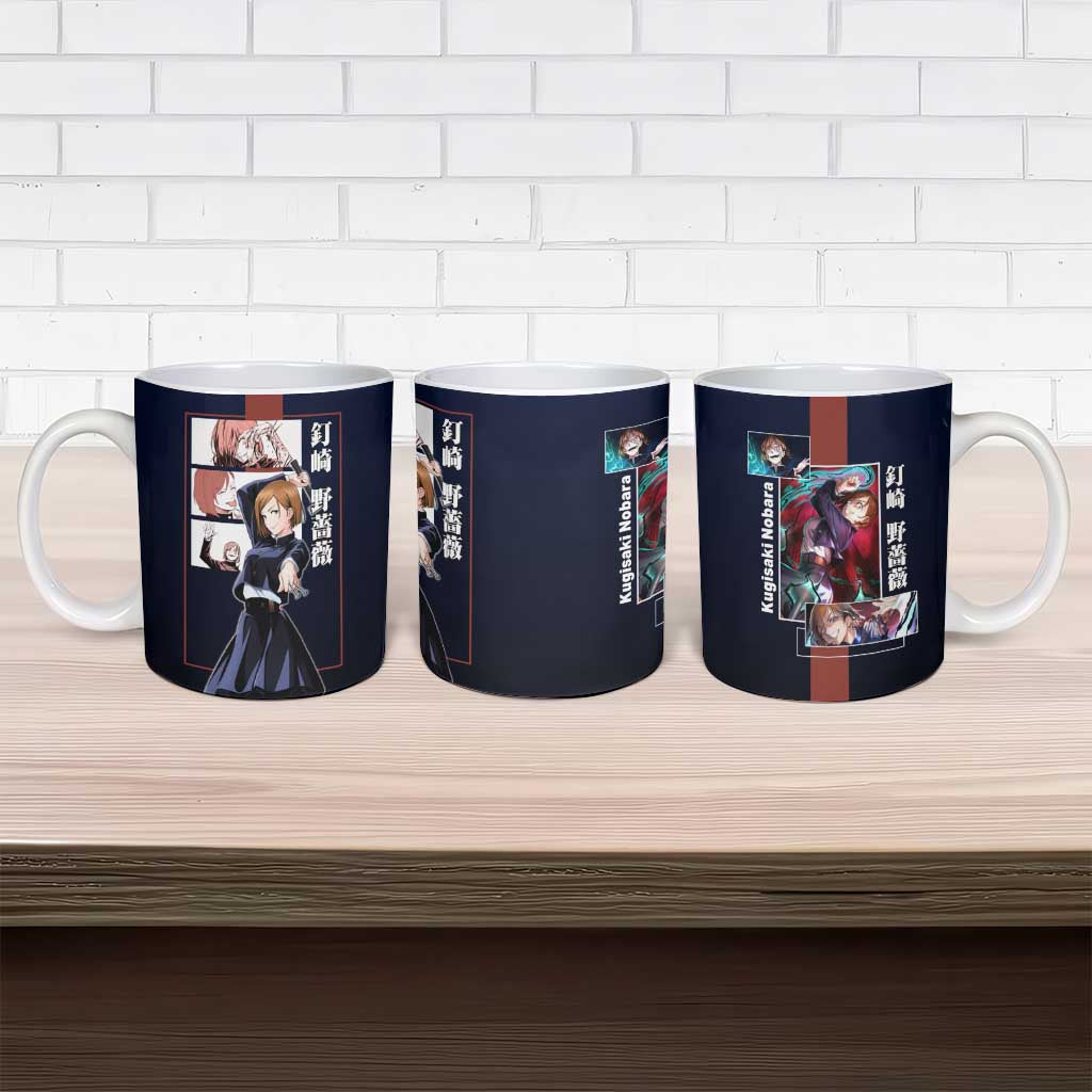Nobara Kugisaki from Jujutsu Kaisen Ceramic Mug with Dark Blue and Red Background and Multiple Poses Design - The Mazicc