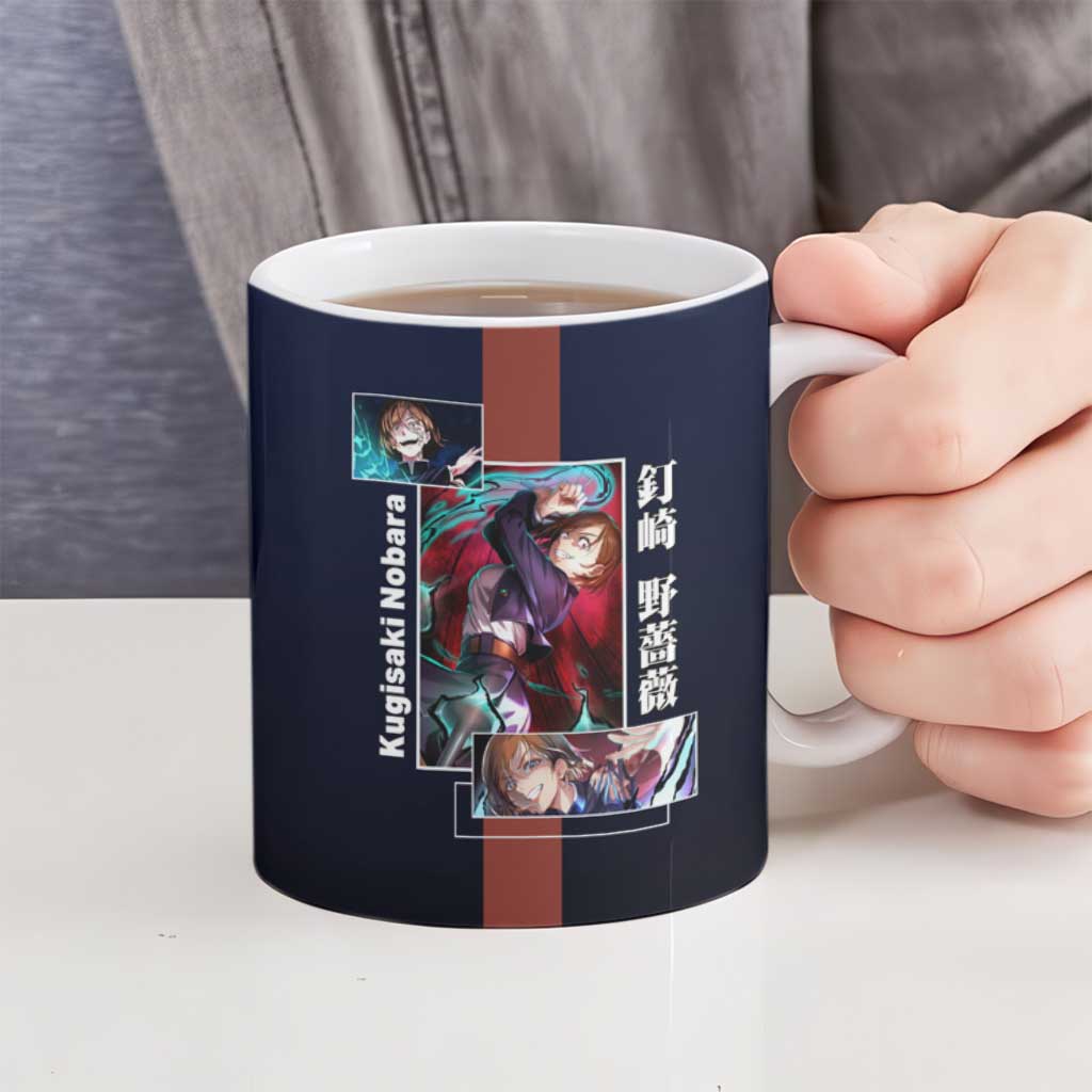 Nobara Kugisaki from Jujutsu Kaisen Ceramic Mug with Dark Blue and Red Background and Multiple Poses Design - The Mazicc