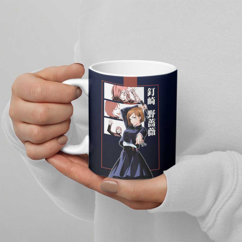 Nobara Kugisaki from Jujutsu Kaisen Ceramic Mug with Dark Blue and Red Background and Multiple Poses Design - The Mazicc