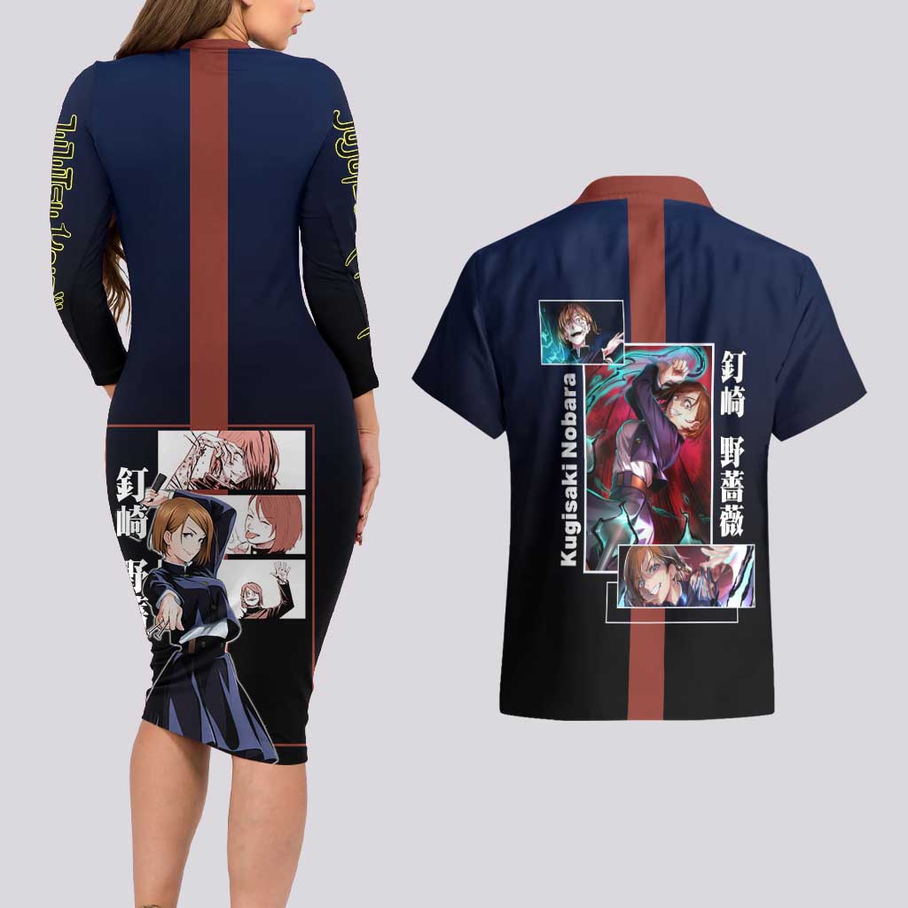 Nobara Kugisaki from Jujutsu Kaisen Couples Matching Long Sleeve Bodycon Dress and Hawaiian Shirt with Dark Blue and Red Background and Multiple Poses Design - The Mazicc