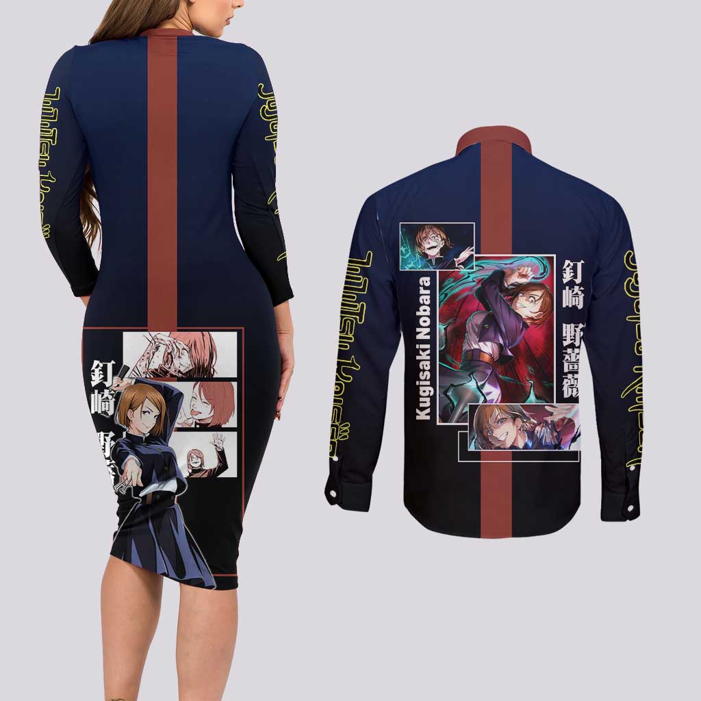 Nobara Kugisaki from Jujutsu Kaisen Couples Matching Long Sleeve Bodycon Dress and Long Sleeve Button Shirt with Dark Blue and Red Background and Multiple Poses Design - The Mazicc