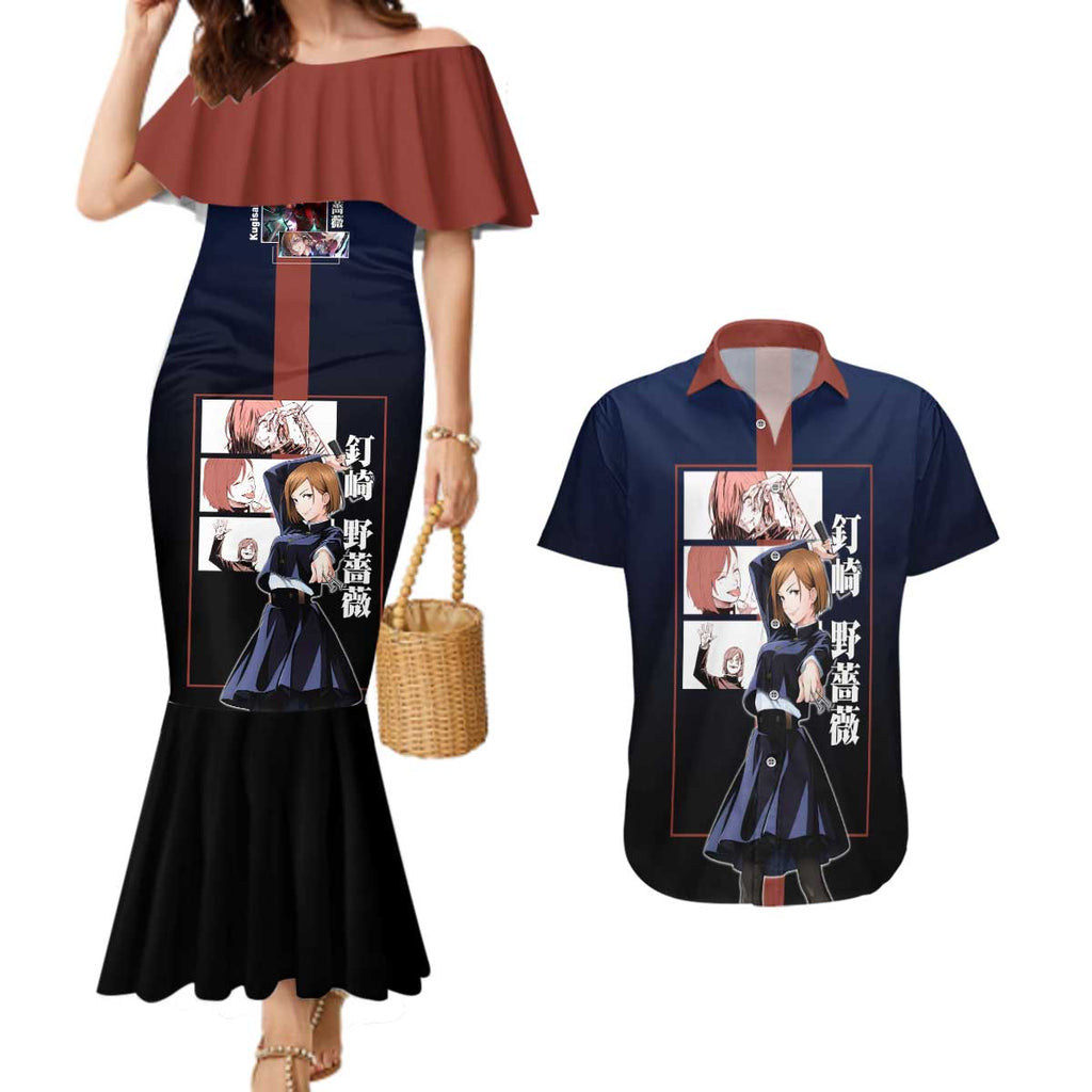 Nobara Kugisaki from Jujutsu Kaisen Couples Matching Mermaid Dress and Hawaiian Shirt with Dark Blue and Red Background and Multiple Poses Design - The Mazicc
