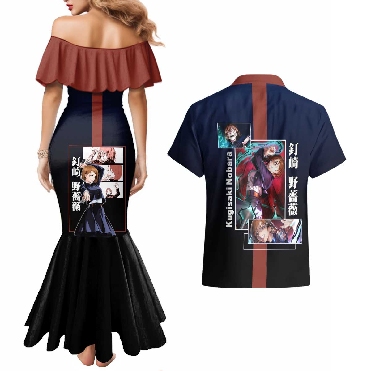 Nobara Kugisaki from Jujutsu Kaisen Couples Matching Mermaid Dress and Hawaiian Shirt with Dark Blue and Red Background and Multiple Poses Design - The Mazicc