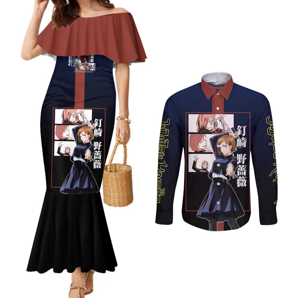 Nobara Kugisaki from Jujutsu Kaisen Couples Matching Mermaid Dress and Long Sleeve Button Shirt with Dark Blue and Red Background and Multiple Poses Design - The Mazicc