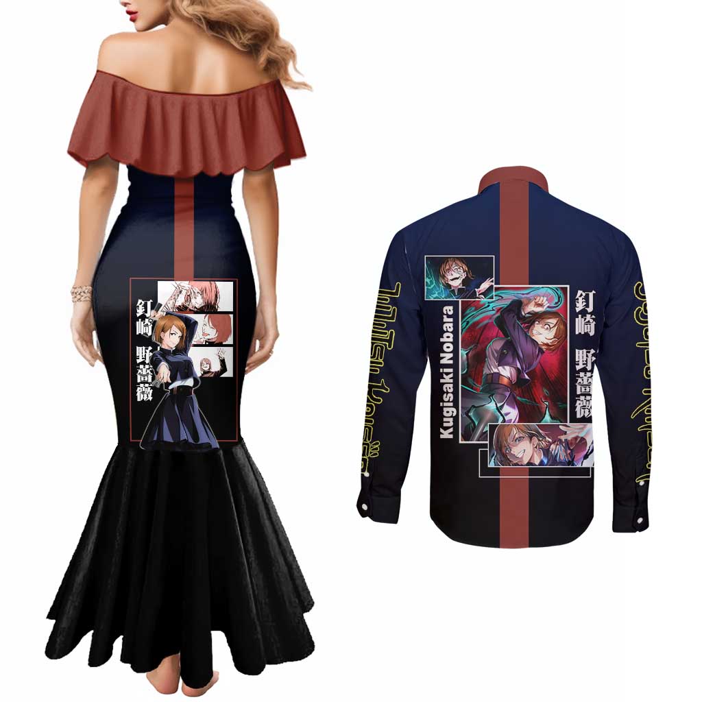 Nobara Kugisaki from Jujutsu Kaisen Couples Matching Mermaid Dress and Long Sleeve Button Shirt with Dark Blue and Red Background and Multiple Poses Design - The Mazicc