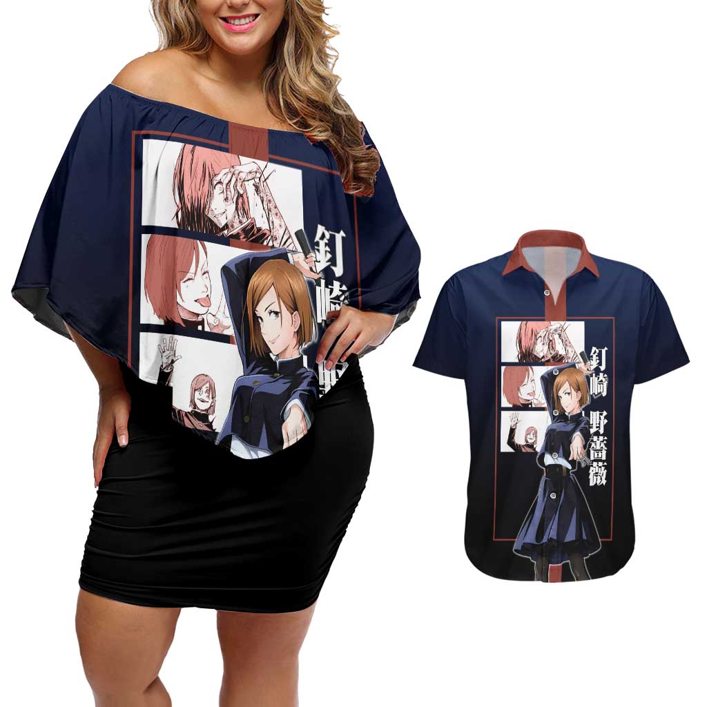 Nobara Kugisaki from Jujutsu Kaisen Couples Matching Off Shoulder Short Dress and Hawaiian Shirt with Dark Blue and Red Background and Multiple Poses Design - The Mazicc