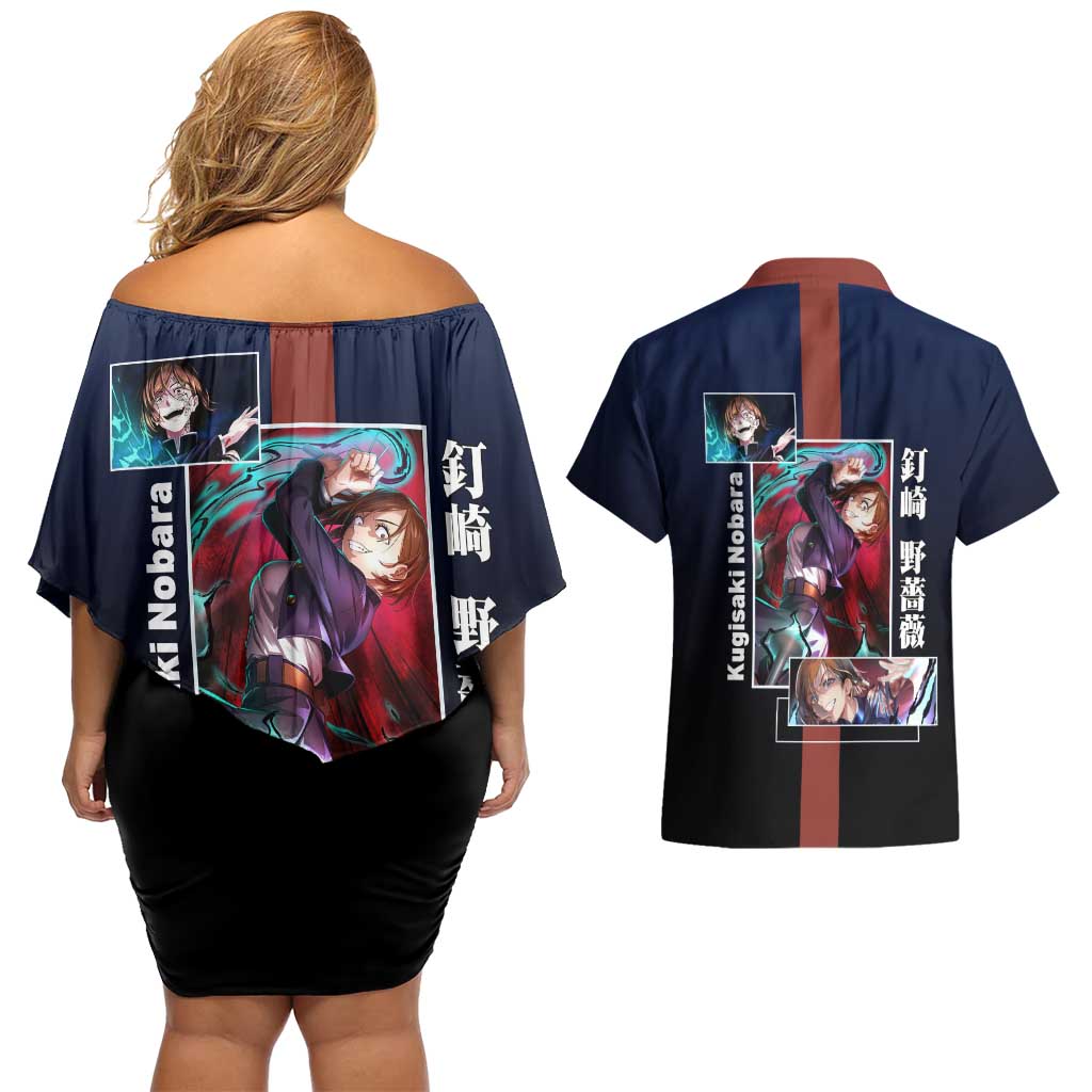 Nobara Kugisaki from Jujutsu Kaisen Couples Matching Off Shoulder Short Dress and Hawaiian Shirt with Dark Blue and Red Background and Multiple Poses Design - The Mazicc
