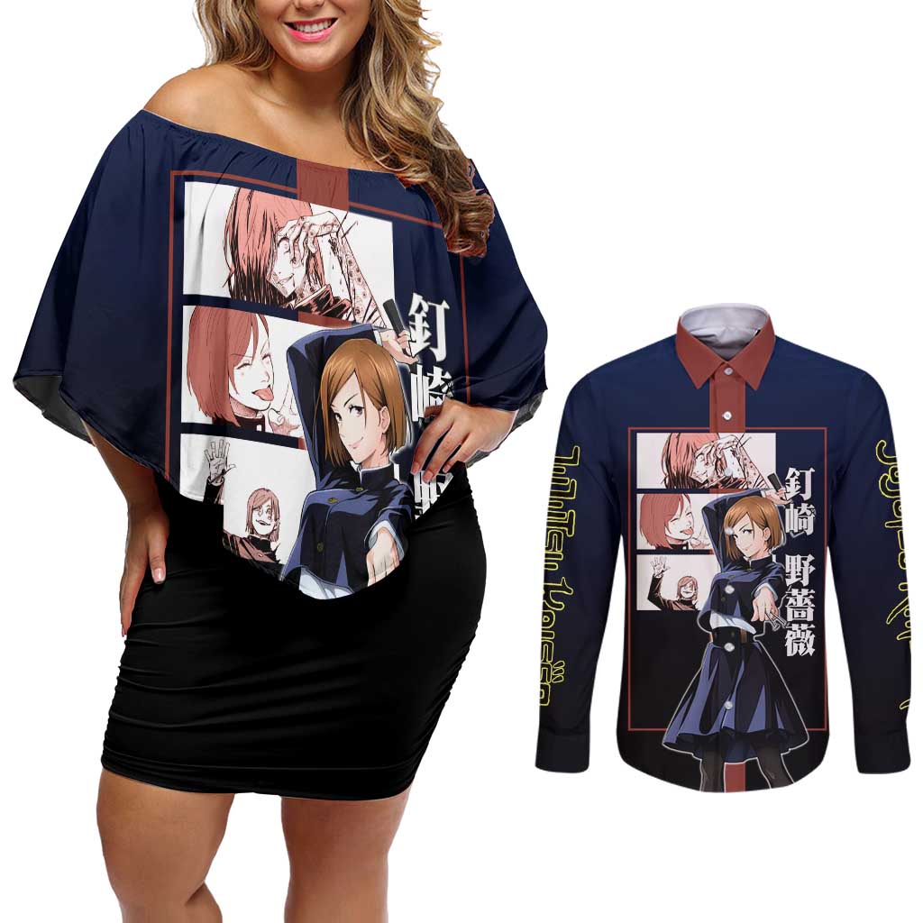 Nobara Kugisaki from Jujutsu Kaisen Couples Matching Off Shoulder Short Dress and Long Sleeve Button Shirt with Dark Blue and Red Background and Multiple Poses Design - The Mazicc