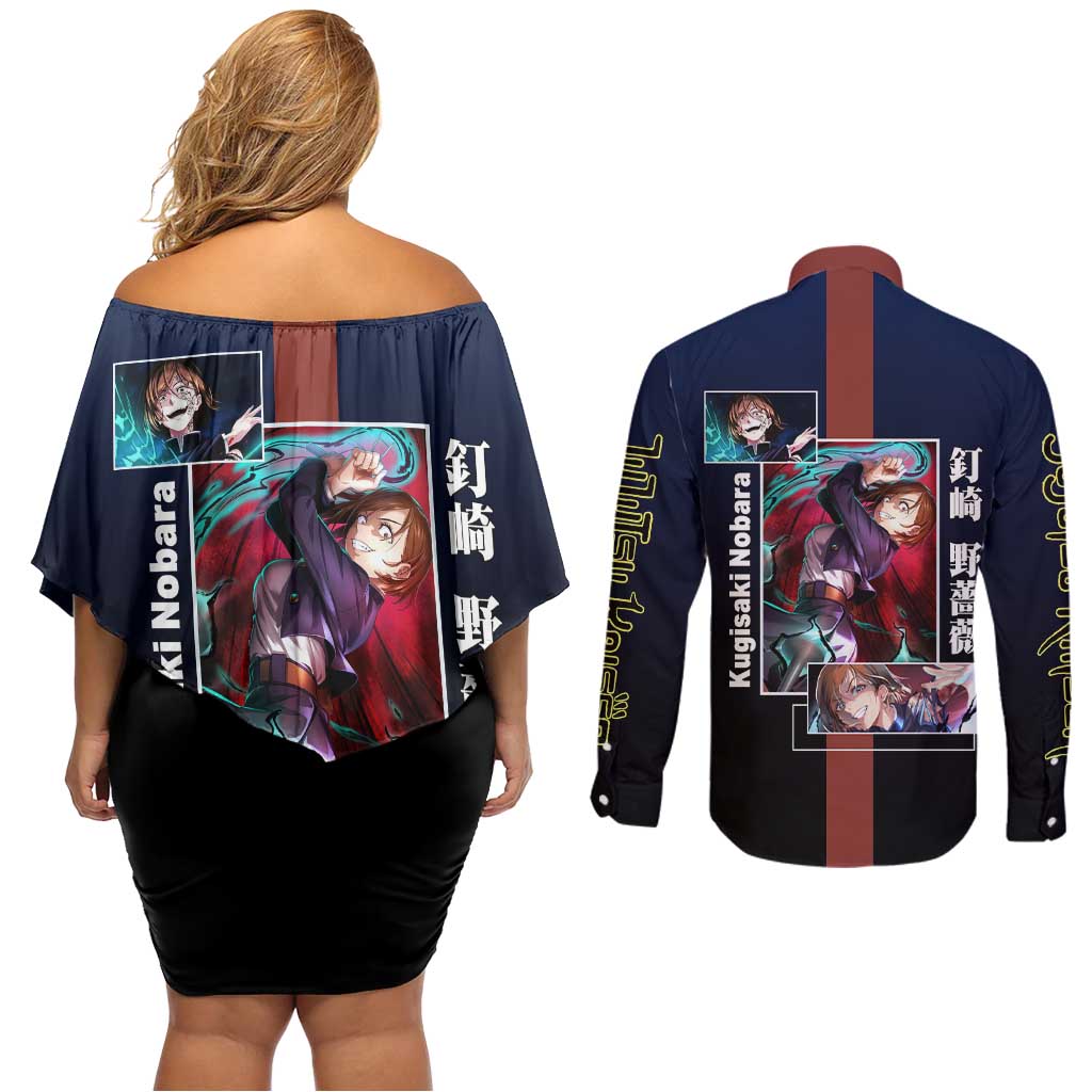 Nobara Kugisaki from Jujutsu Kaisen Couples Matching Off Shoulder Short Dress and Long Sleeve Button Shirt with Dark Blue and Red Background and Multiple Poses Design - The Mazicc