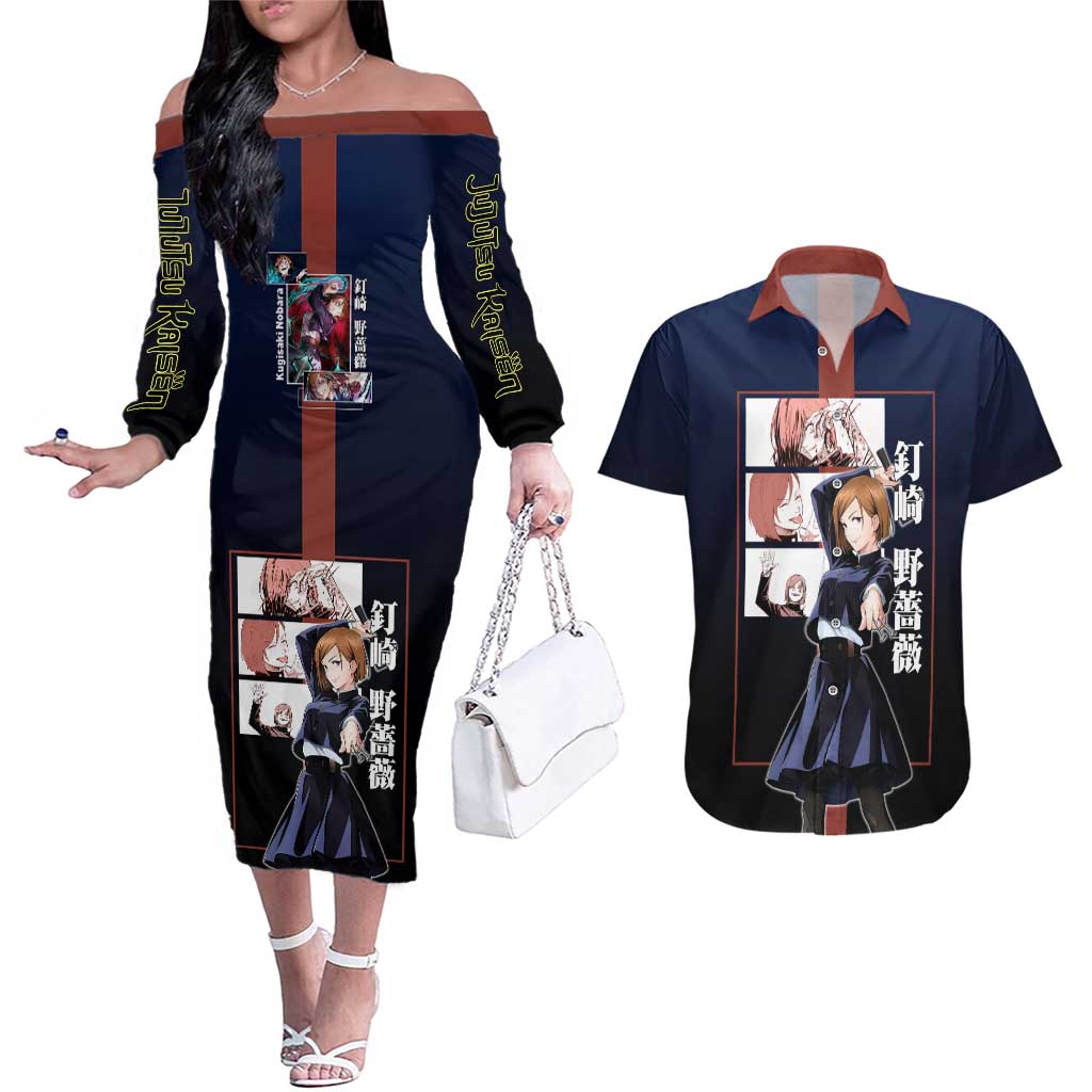 Nobara Kugisaki from Jujutsu Kaisen Couples Matching Off The Shoulder Long Sleeve Dress and Hawaiian Shirt with Dark Blue and Red Background and Multiple Poses Design - The Mazicc