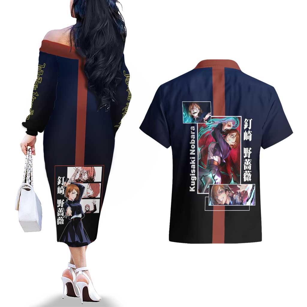 Nobara Kugisaki from Jujutsu Kaisen Couples Matching Off The Shoulder Long Sleeve Dress and Hawaiian Shirt with Dark Blue and Red Background and Multiple Poses Design - The Mazicc