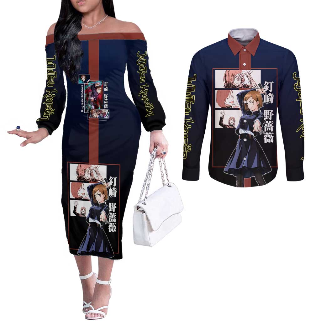Nobara Kugisaki from Jujutsu Kaisen Couples Matching Off The Shoulder Long Sleeve Dress and Long Sleeve Button Shirt with Dark Blue and Red Background and Multiple Poses Design - The Mazicc