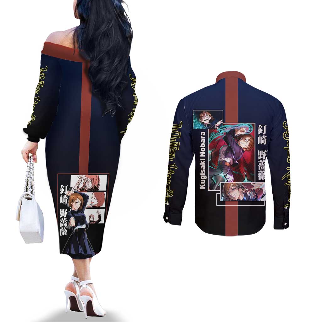Nobara Kugisaki from Jujutsu Kaisen Couples Matching Off The Shoulder Long Sleeve Dress and Long Sleeve Button Shirt with Dark Blue and Red Background and Multiple Poses Design - The Mazicc