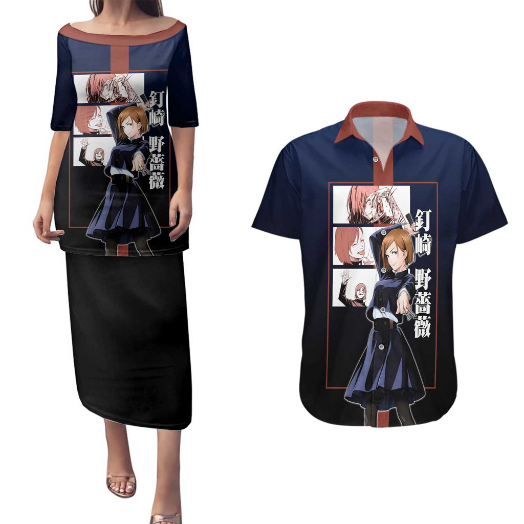 Nobara Kugisaki from Jujutsu Kaisen Couples Matching Puletasi and Hawaiian Shirt with Dark Blue and Red Background and Multiple Poses Design - The Mazicc