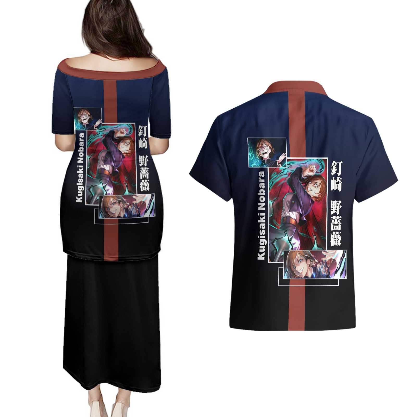 Nobara Kugisaki from Jujutsu Kaisen Couples Matching Puletasi and Hawaiian Shirt with Dark Blue and Red Background and Multiple Poses Design - The Mazicc