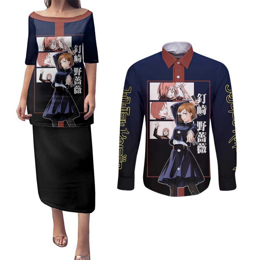 Nobara Kugisaki from Jujutsu Kaisen Couples Matching Puletasi and Long Sleeve Button Shirt with Dark Blue and Red Background and Multiple Poses Design - The Mazicc