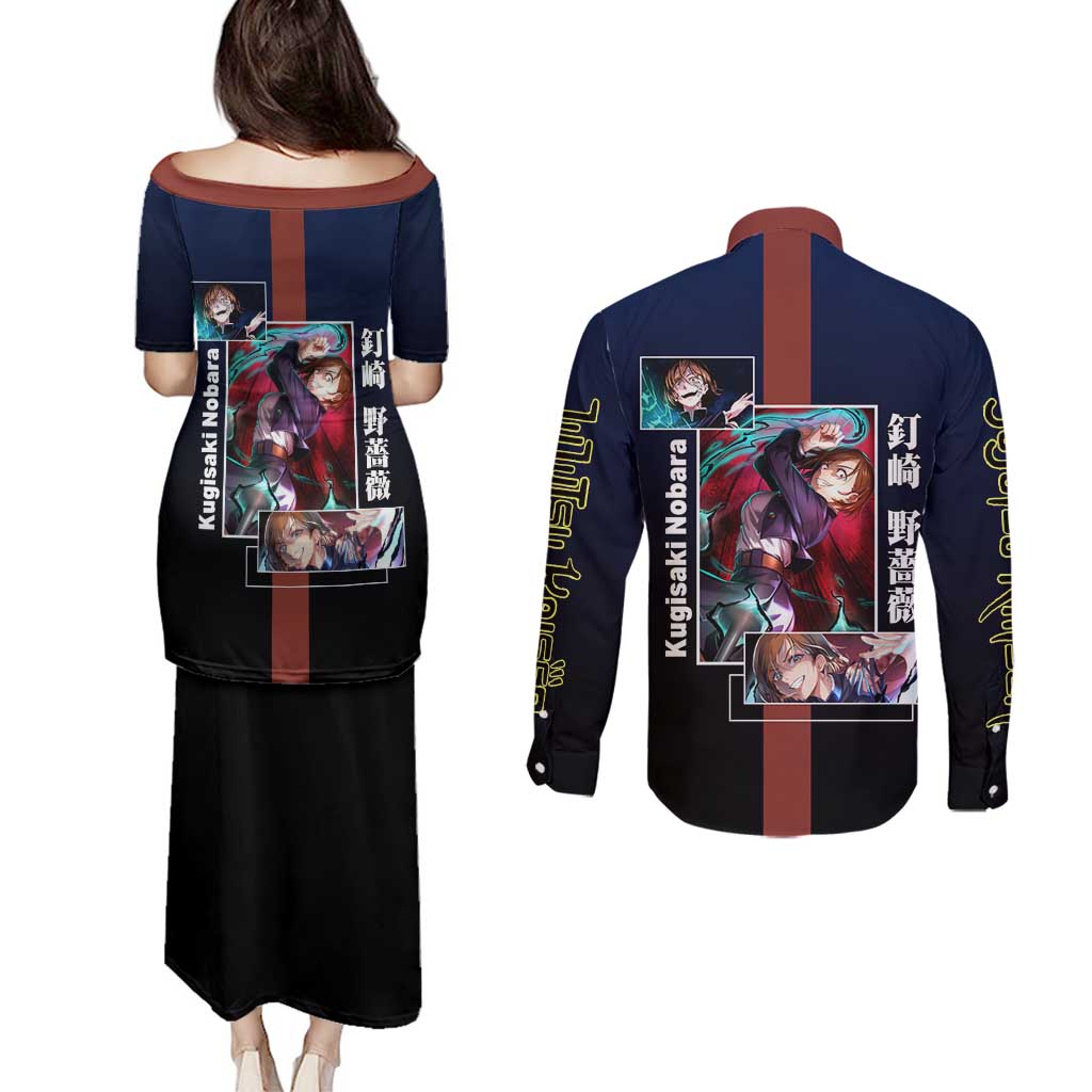 Nobara Kugisaki from Jujutsu Kaisen Couples Matching Puletasi and Long Sleeve Button Shirt with Dark Blue and Red Background and Multiple Poses Design - The Mazicc