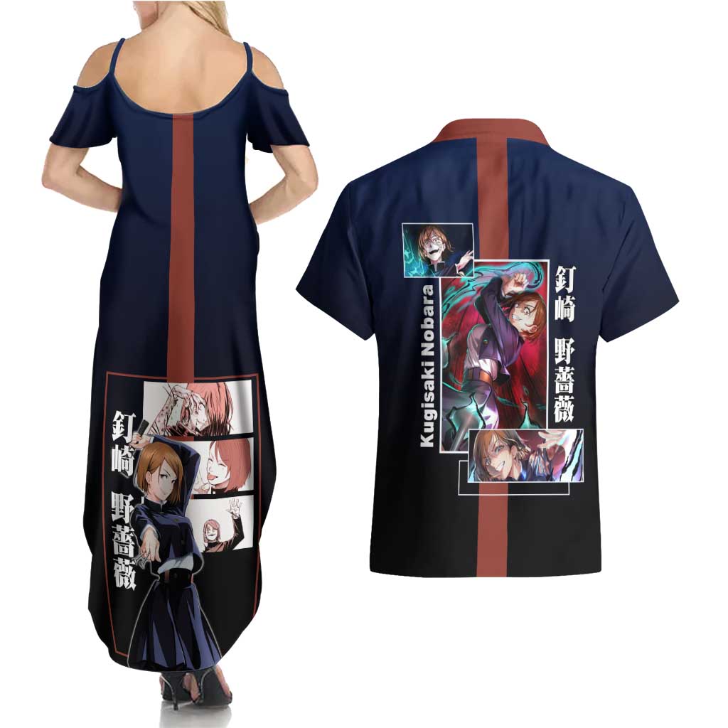 Nobara Kugisaki from Jujutsu Kaisen Couples Matching Summer Maxi Dress and Hawaiian Shirt with Dark Blue and Red Background and Multiple Poses Design - The Mazicc