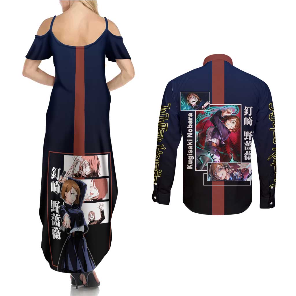 Nobara Kugisaki from Jujutsu Kaisen Couples Matching Summer Maxi Dress and Long Sleeve Button Shirt with Dark Blue and Red Background and Multiple Poses Design - The Mazicc