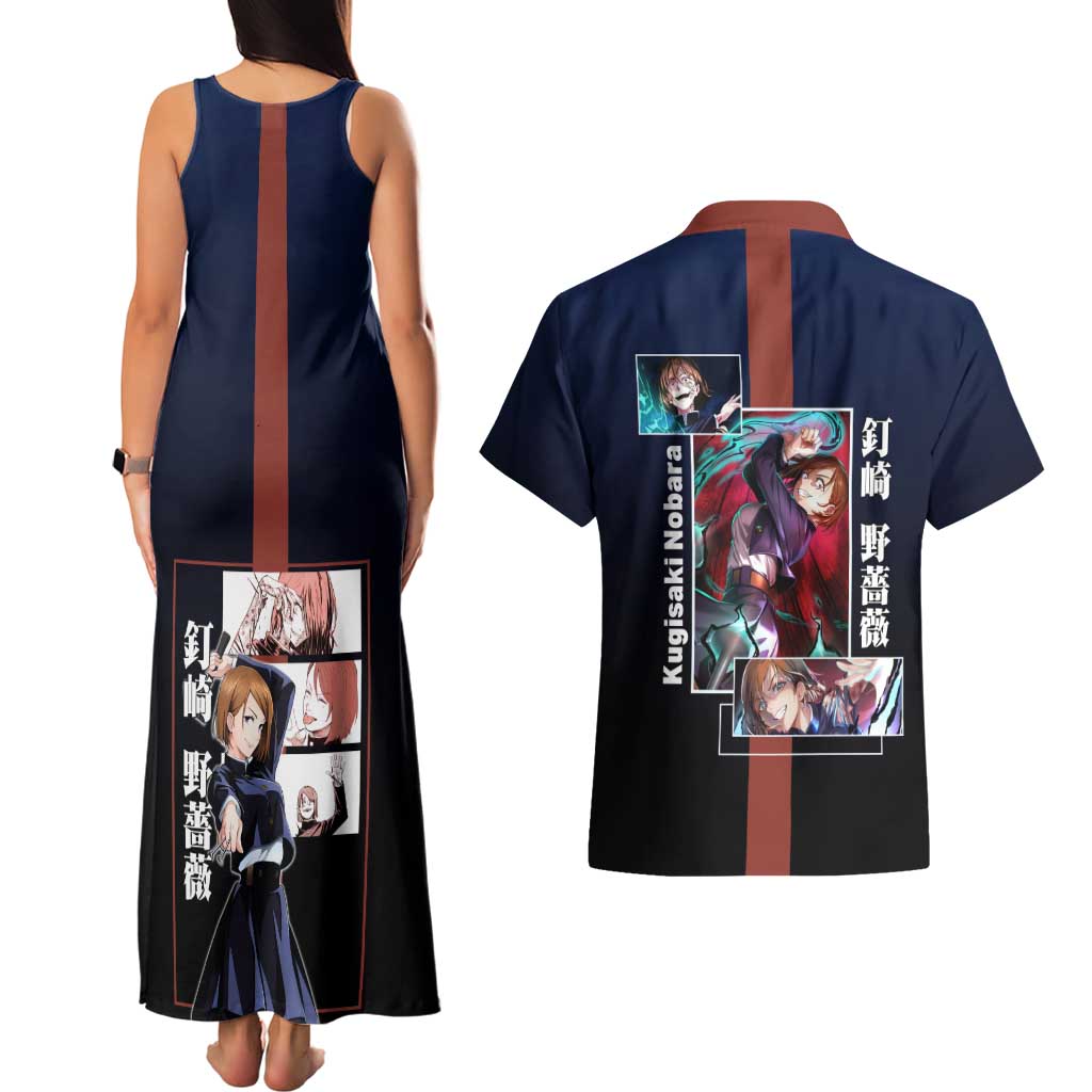 Nobara Kugisaki from Jujutsu Kaisen Couples Matching Tank Maxi Dress and Hawaiian Shirt with Dark Blue and Red Background and Multiple Poses Design - The Mazicc