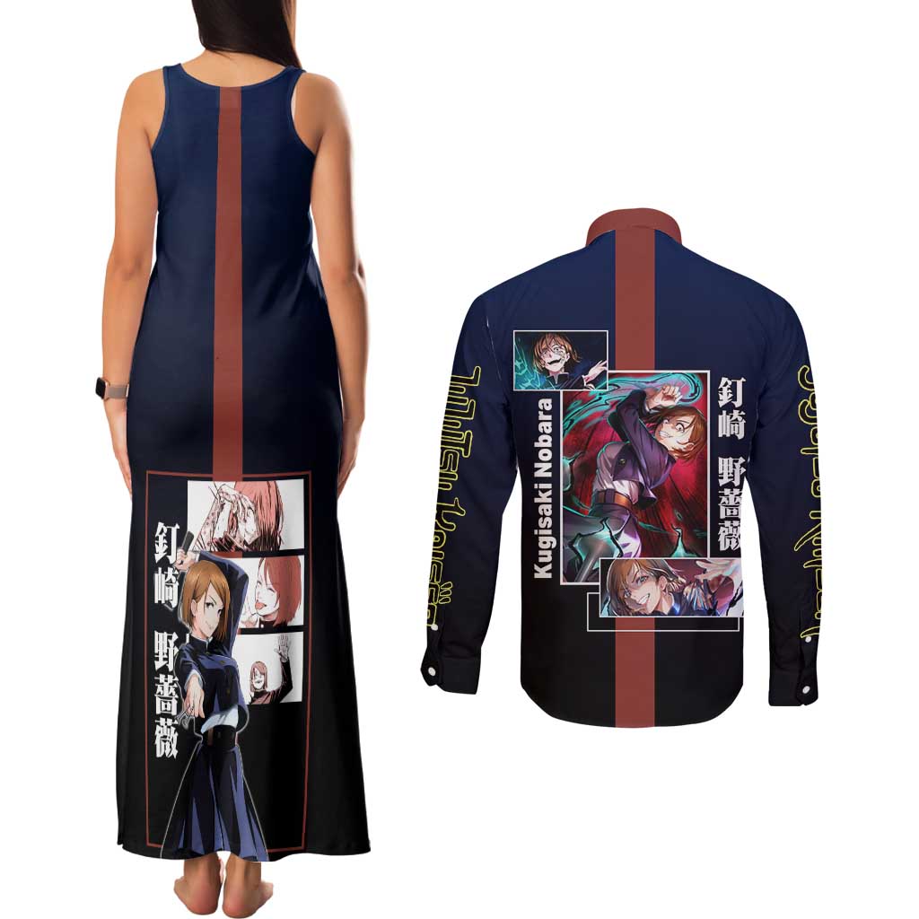 Nobara Kugisaki from Jujutsu Kaisen Couples Matching Tank Maxi Dress and Long Sleeve Button Shirt with Dark Blue and Red Background and Multiple Poses Design - The Mazicc
