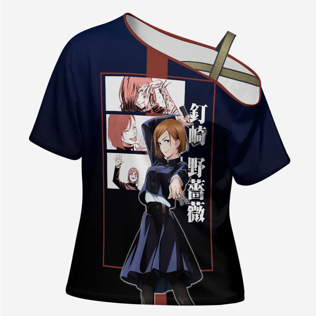 Nobara Kugisaki from Jujutsu Kaisen Cross Shoulder Shirt with Dark Blue and Red Background and Multiple Poses Design - The Mazicc