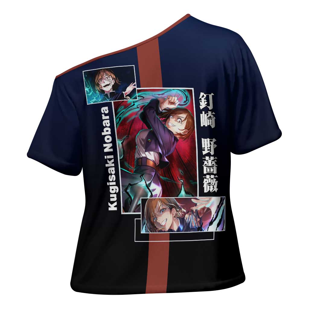 Nobara Kugisaki from Jujutsu Kaisen Cross Shoulder Shirt with Dark Blue and Red Background and Multiple Poses Design - The Mazicc