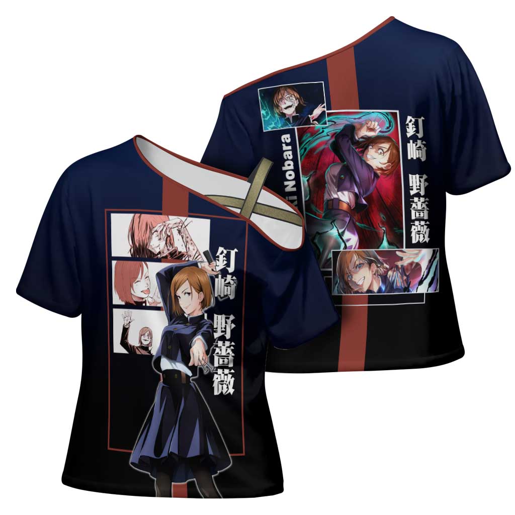 Nobara Kugisaki from Jujutsu Kaisen Cross Shoulder Shirt with Dark Blue and Red Background and Multiple Poses Design - The Mazicc