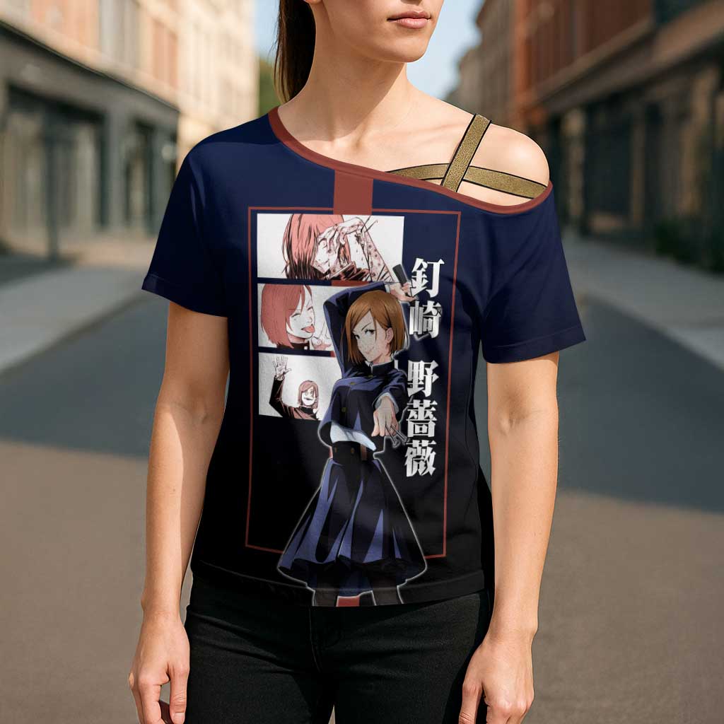 Nobara Kugisaki from Jujutsu Kaisen Cross Shoulder Shirt with Dark Blue and Red Background and Multiple Poses Design - The Mazicc