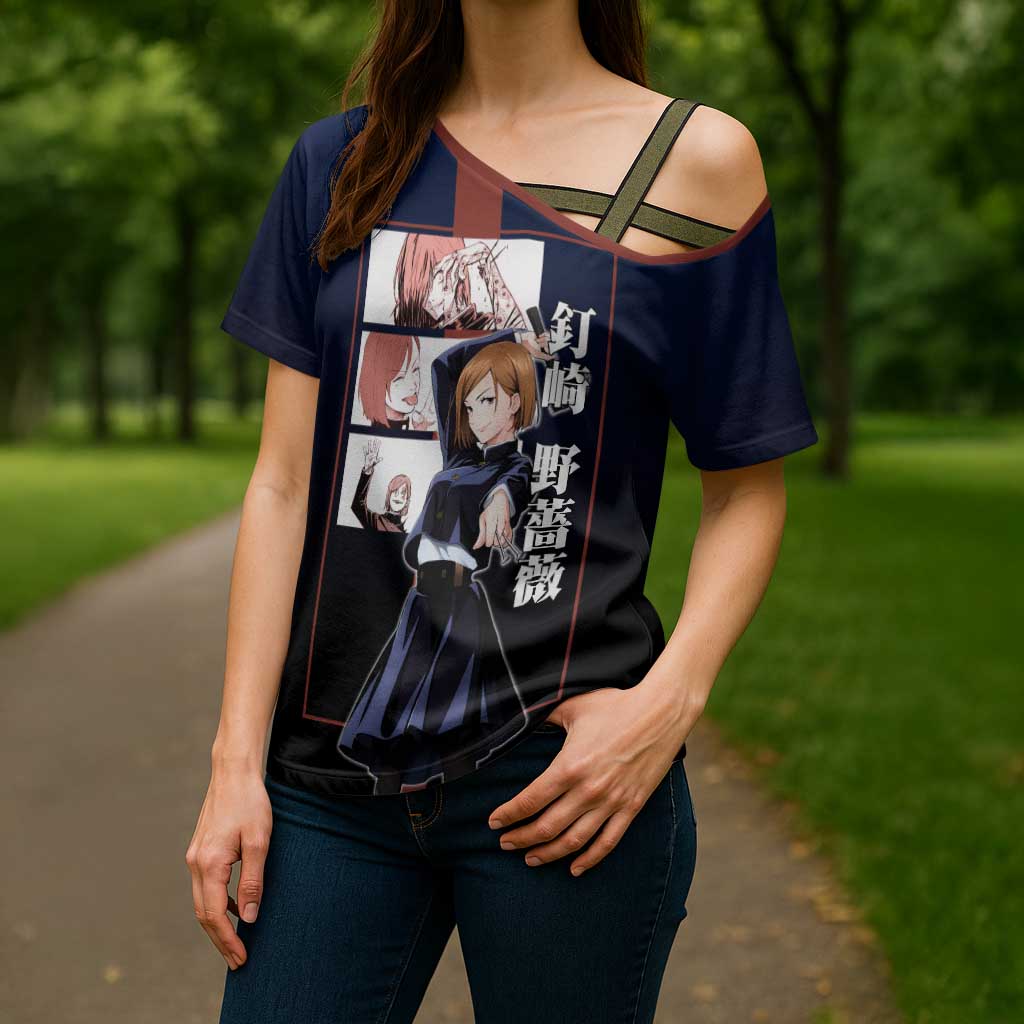 Nobara Kugisaki from Jujutsu Kaisen Cross Shoulder Shirt with Dark Blue and Red Background and Multiple Poses Design - The Mazicc