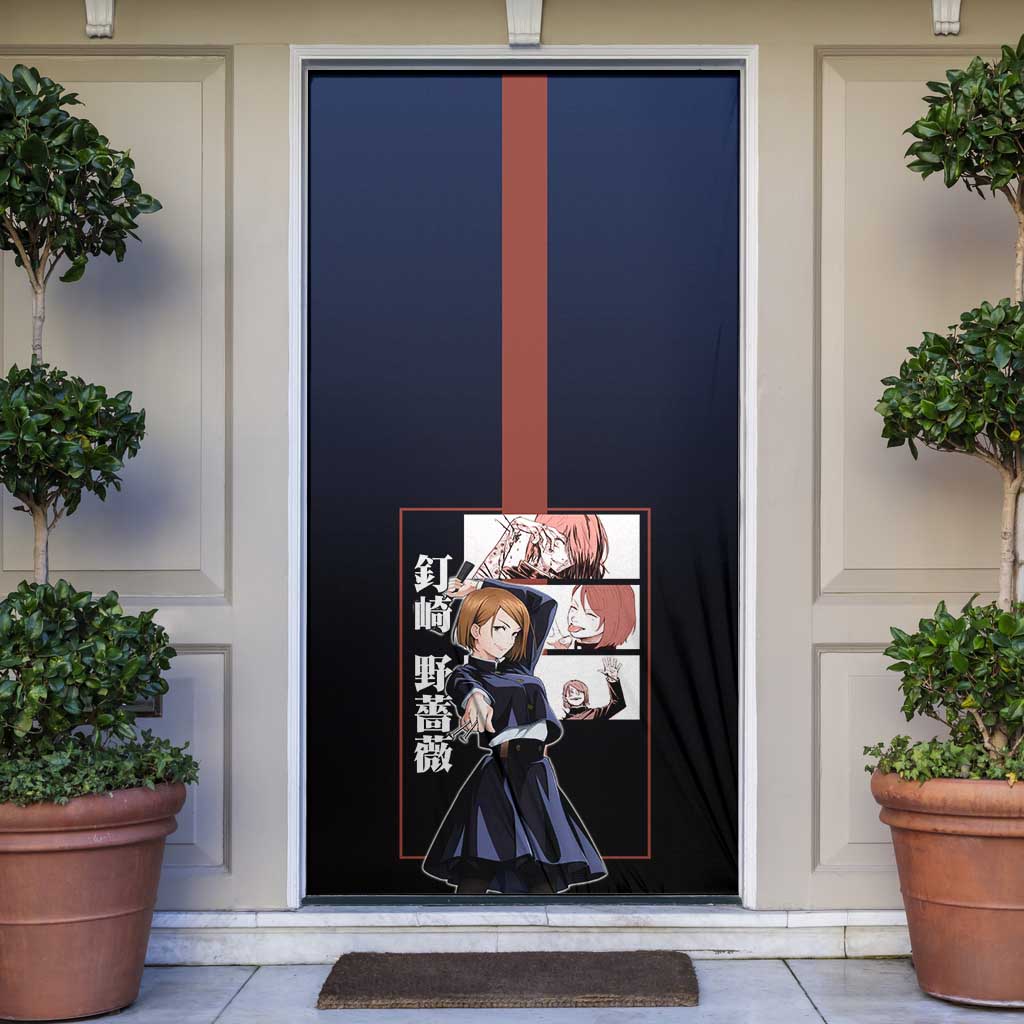 Nobara Kugisaki from Jujutsu Kaisen Door Cover with Dark Blue and Red Background and Multiple Poses Design - The Mazicc