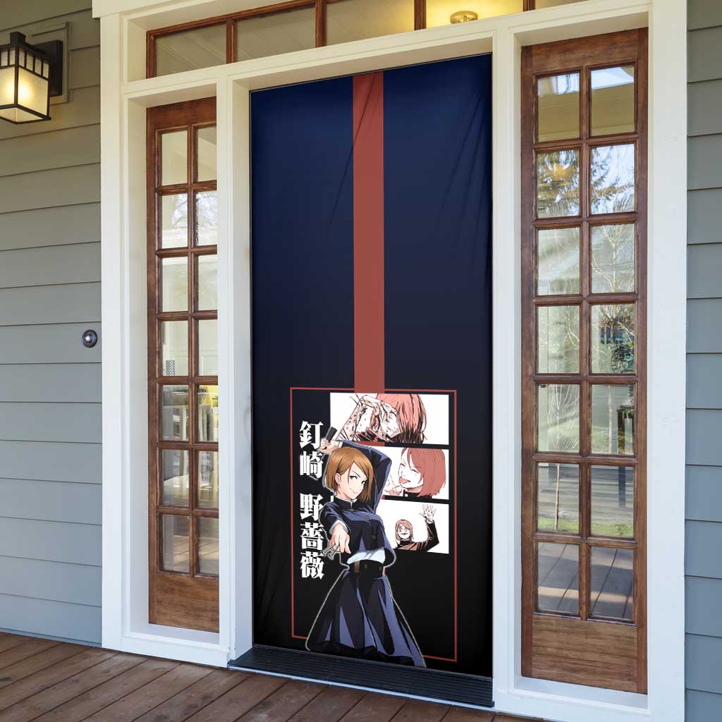 Nobara Kugisaki from Jujutsu Kaisen Door Cover with Dark Blue and Red Background and Multiple Poses Design - The Mazicc