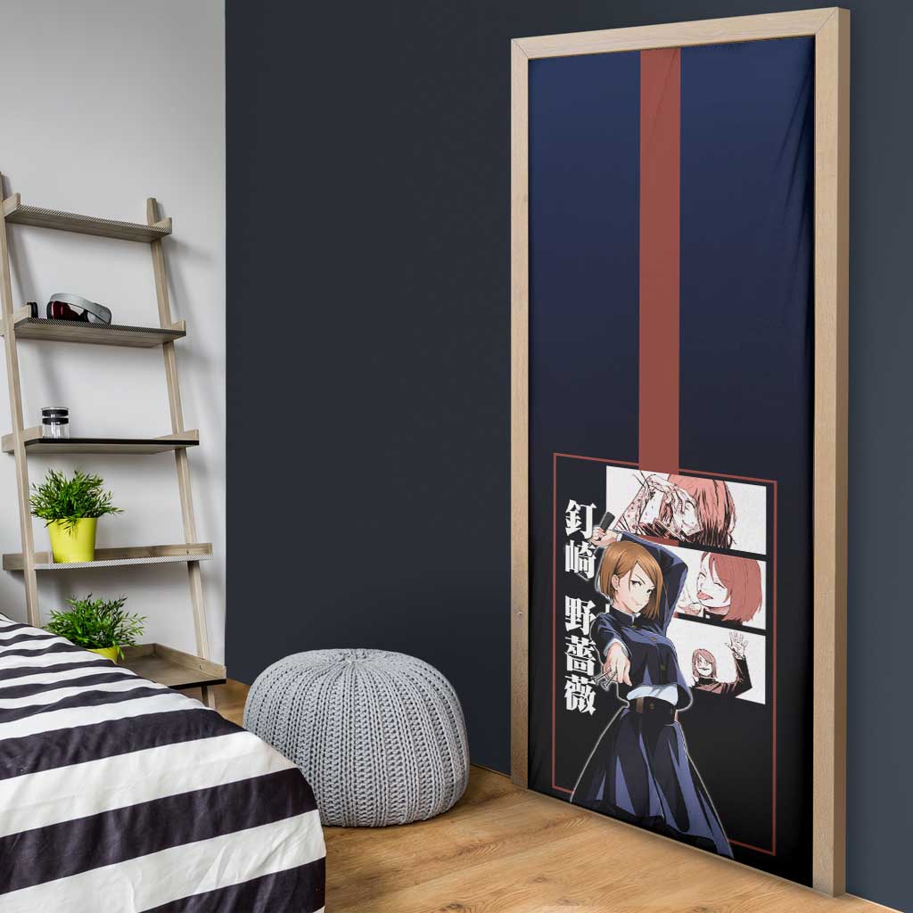 Nobara Kugisaki from Jujutsu Kaisen Door Cover with Dark Blue and Red Background and Multiple Poses Design - The Mazicc