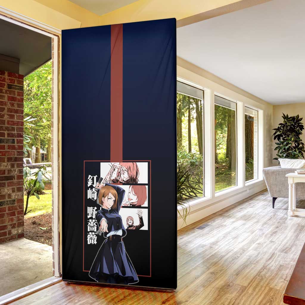 Nobara Kugisaki from Jujutsu Kaisen Door Cover with Dark Blue and Red Background and Multiple Poses Design - The Mazicc