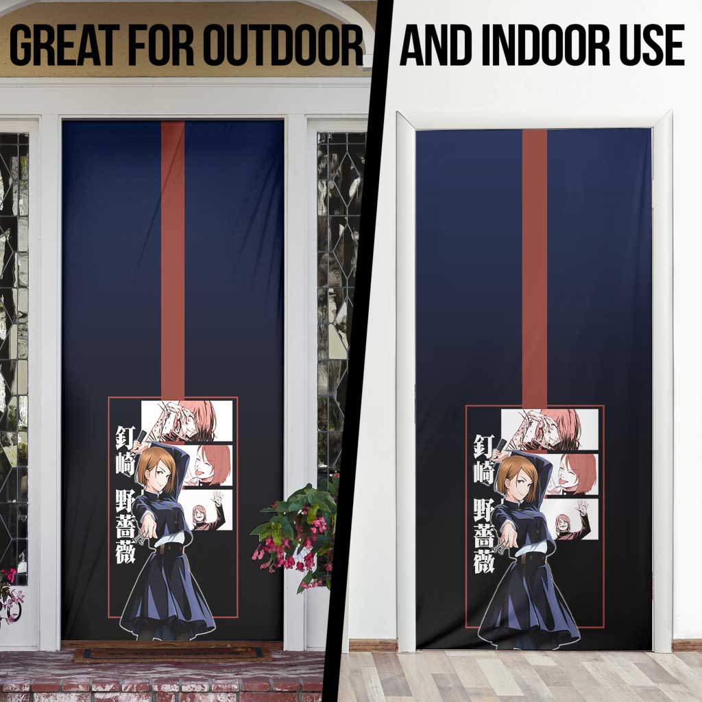 Nobara Kugisaki from Jujutsu Kaisen Door Cover with Dark Blue and Red Background and Multiple Poses Design - The Mazicc