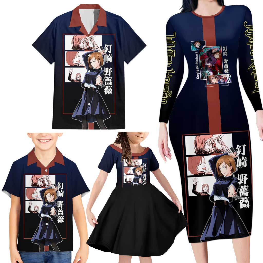 Nobara Kugisaki from Jujutsu Kaisen Family Matching Long Sleeve Bodycon Dress and Hawaiian Shirt with Dark Blue and Red Background and Multiple Poses Design - The Mazicc