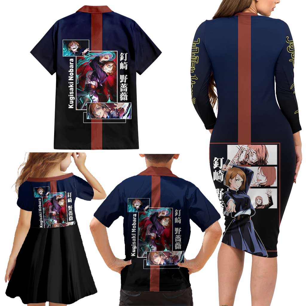 Nobara Kugisaki from Jujutsu Kaisen Family Matching Long Sleeve Bodycon Dress and Hawaiian Shirt with Dark Blue and Red Background and Multiple Poses Design - The Mazicc