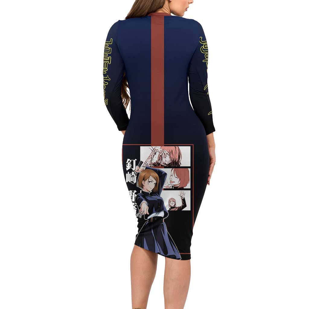 Nobara Kugisaki from Jujutsu Kaisen Family Matching Long Sleeve Bodycon Dress and Hawaiian Shirt with Dark Blue and Red Background and Multiple Poses Design - The Mazicc