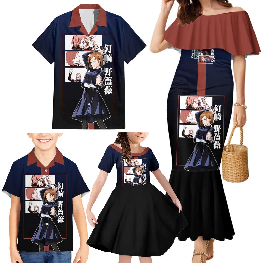 Nobara Kugisaki from Jujutsu Kaisen Family Matching Mermaid Dress and Hawaiian Shirt with Dark Blue and Red Background and Multiple Poses Design - The Mazicc