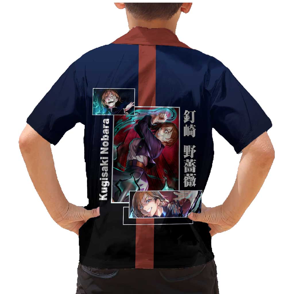 Nobara Kugisaki from Jujutsu Kaisen Family Matching Mermaid Dress and Hawaiian Shirt with Dark Blue and Red Background and Multiple Poses Design - The Mazicc